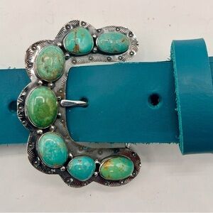 Turquoise Leather Belt with Silver and Kingman turquoise Ranger " B " Buckle )